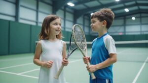 A small girl holding a tennis raquet next to a small boy holding a tennis raquet on an indoor tennis court.