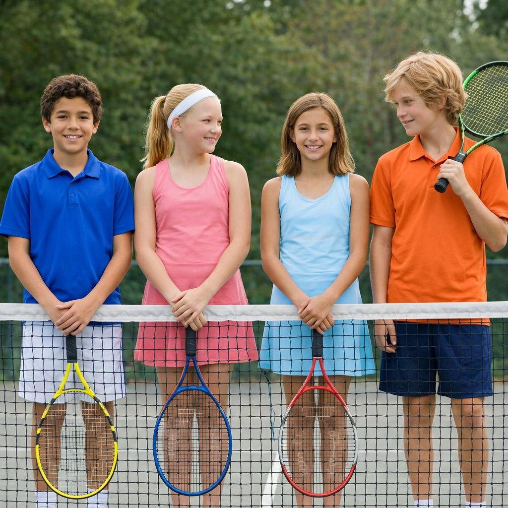 4 pre-teen kids holding tennis raquets