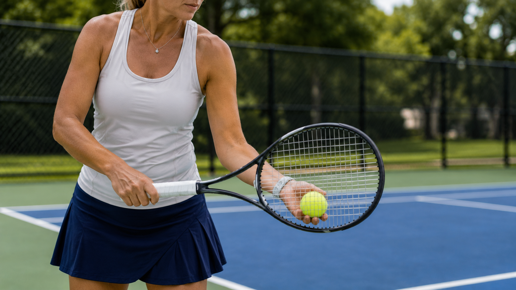 Woman wearing white tank top and navy skirt grips a tennis racket, preparing to hit a ball on an outdoor court with a fence in the background