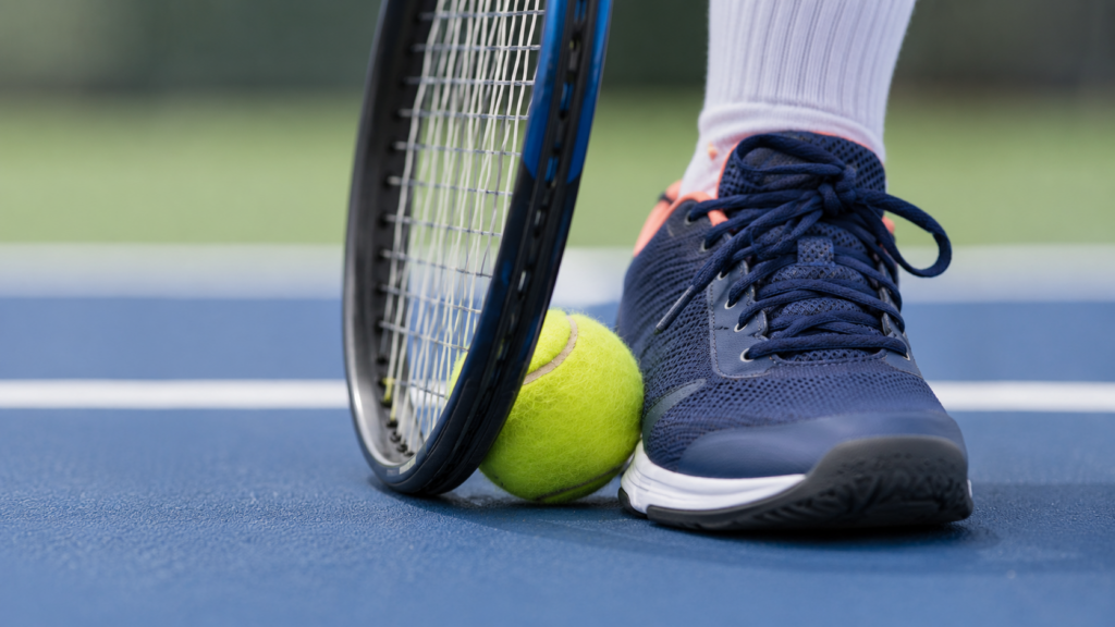 Close-up of a navy sneaker pressing a yellow tennis ball against a tennis racket on a blue hard court, ready for play.