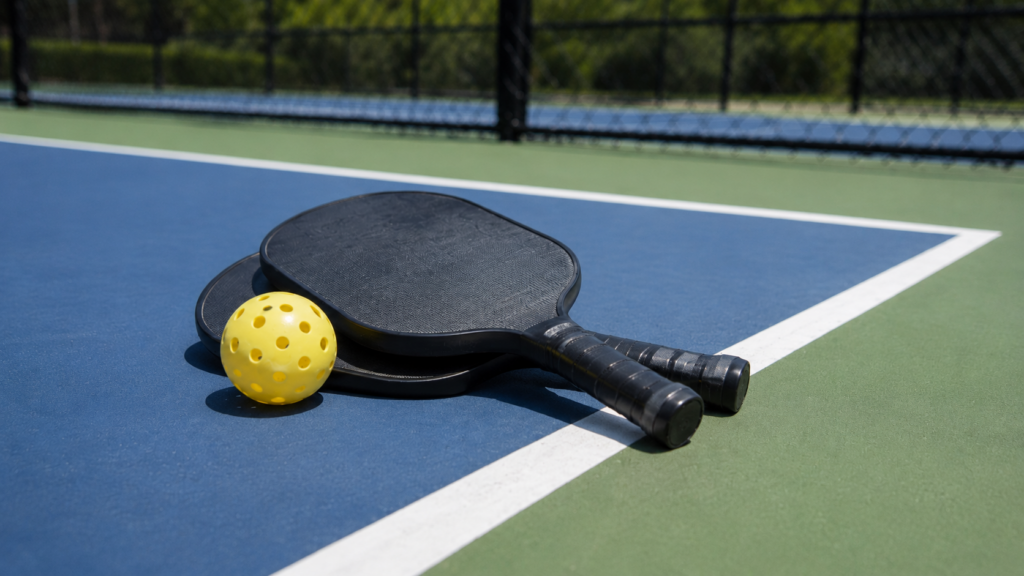 Two black padel racquets with a yellow perforated ball on a blue court inside a fenced area.