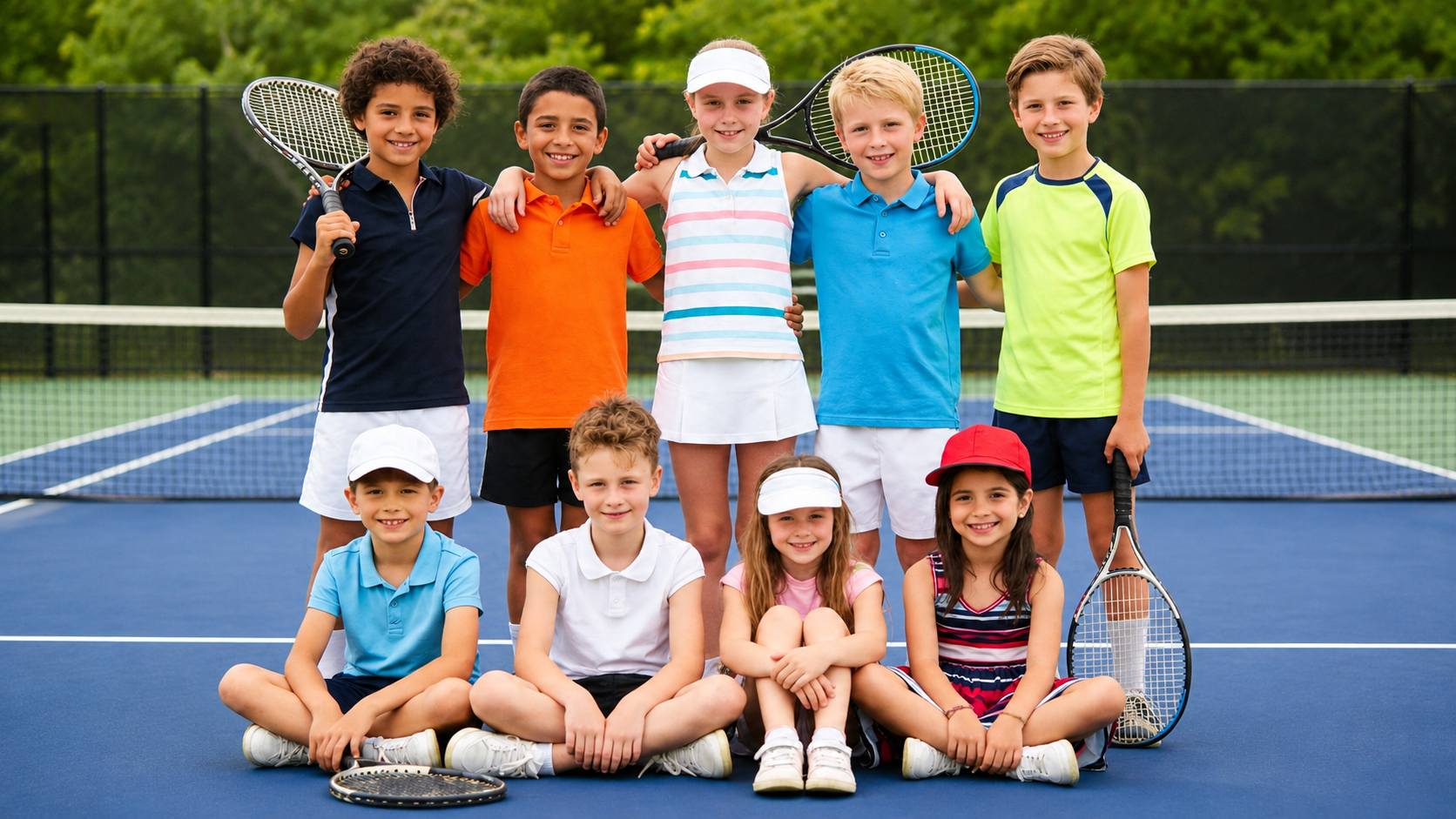 Eight children pose together on a blue tennis court, some holding rackets and smiling at the camera.