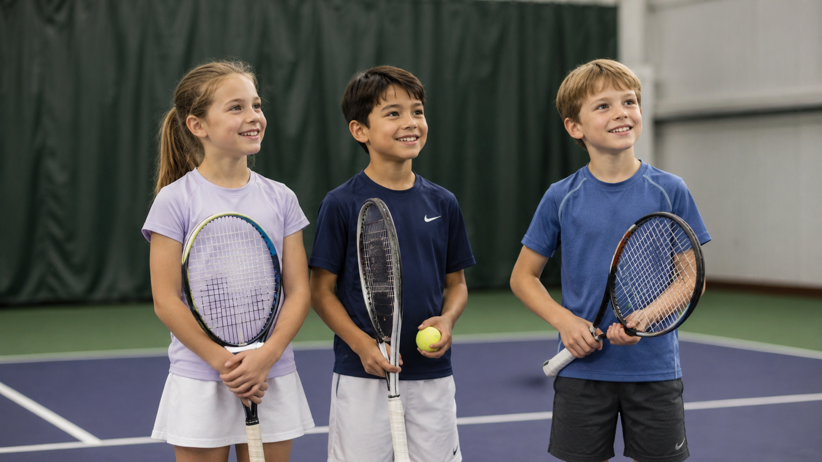 Three smiling children stand side by side on an indoor tennis court, each holding a racket and looking up.