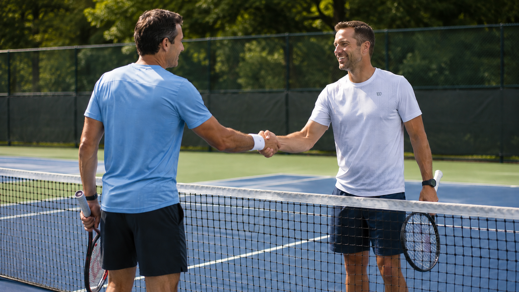 Two men on a tennis court shake hands over the net after a match, each holding a racket.